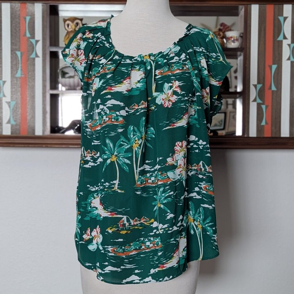 LC Lauren Conrad Green Tropical Blouse Top Ties on Back Size L Large
